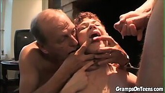 A Young Woman Gives Oral Sex And Engages In Sexual Intercourse With An Elderly Man, Followed By A Group Encounter Resulting In An Ejaculation